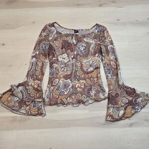 Studios Scoop Neck Retro Hippi Brown Paisley Bell Sleeve Womens Light Top S USA